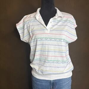 Vintage 80s Name Droppers Terry Cloth Polo Shirt Striped Pastel Top Women’s L